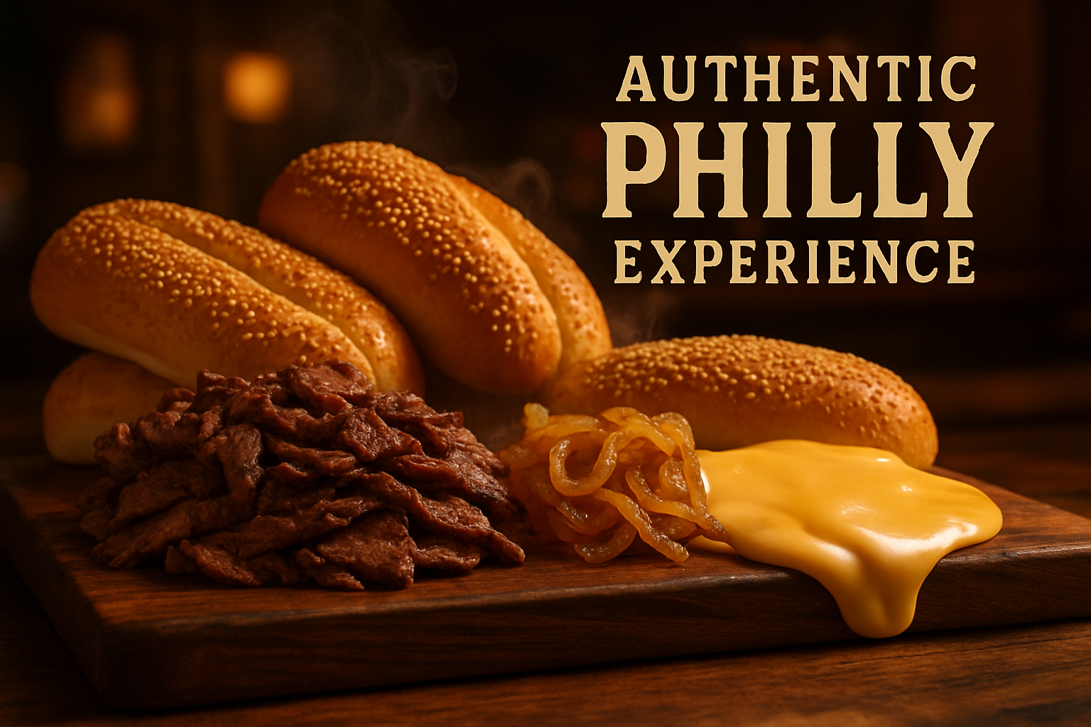 Professional landscape image (1536x1024) depicting authentic Philadelphia cheesesteak ingredients: premium ribeye steak slices, fresh Sarcon