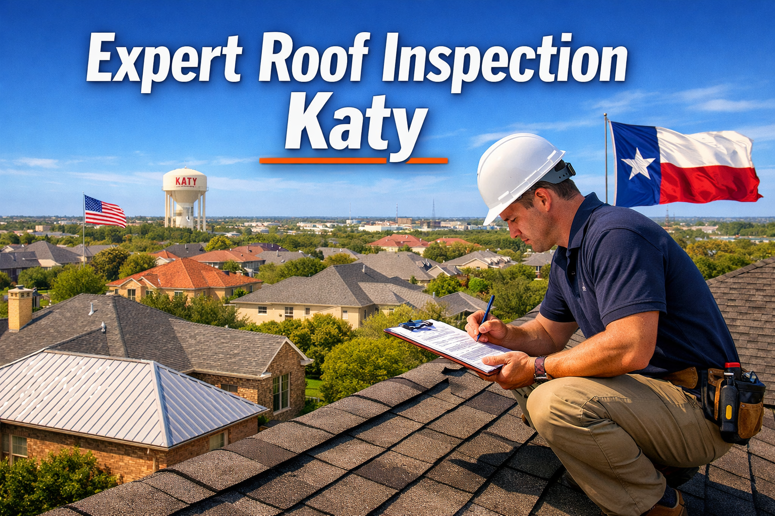 Professional landscape hero image (1536x1024) featuring bold text overlay 'Expert Roof Inspection Katy' in extra large 72pt white sans-serif