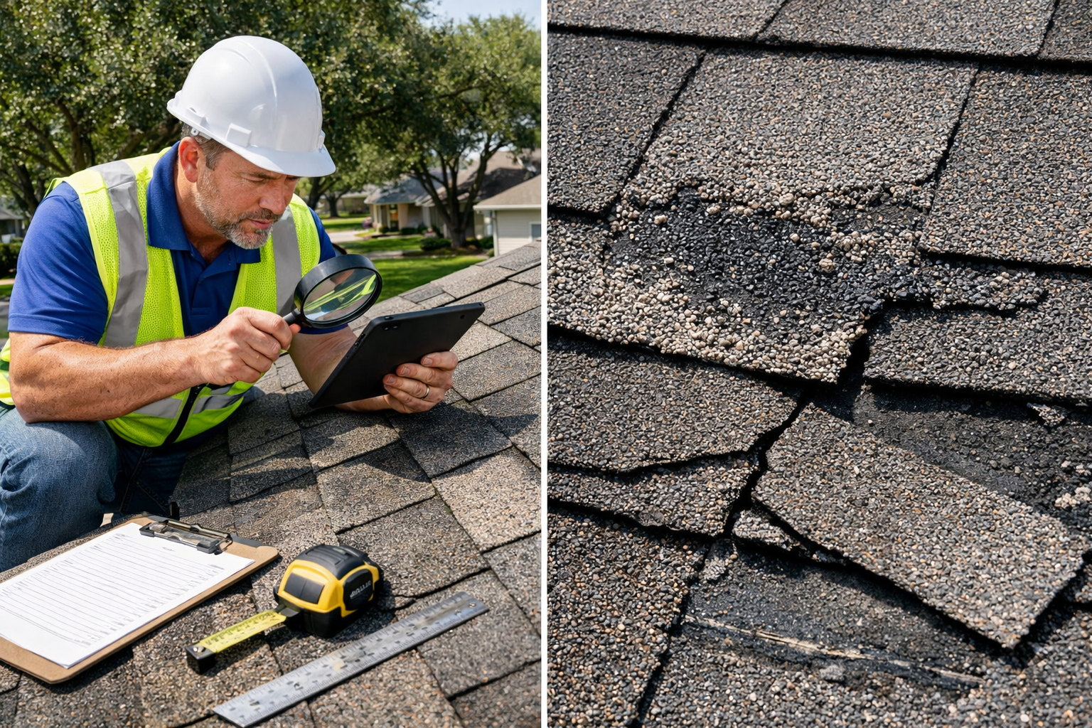 Professional roofing inspector on residential home in Katy Texas examining asphalt shingles with magnifying glass and digital tablet, showin