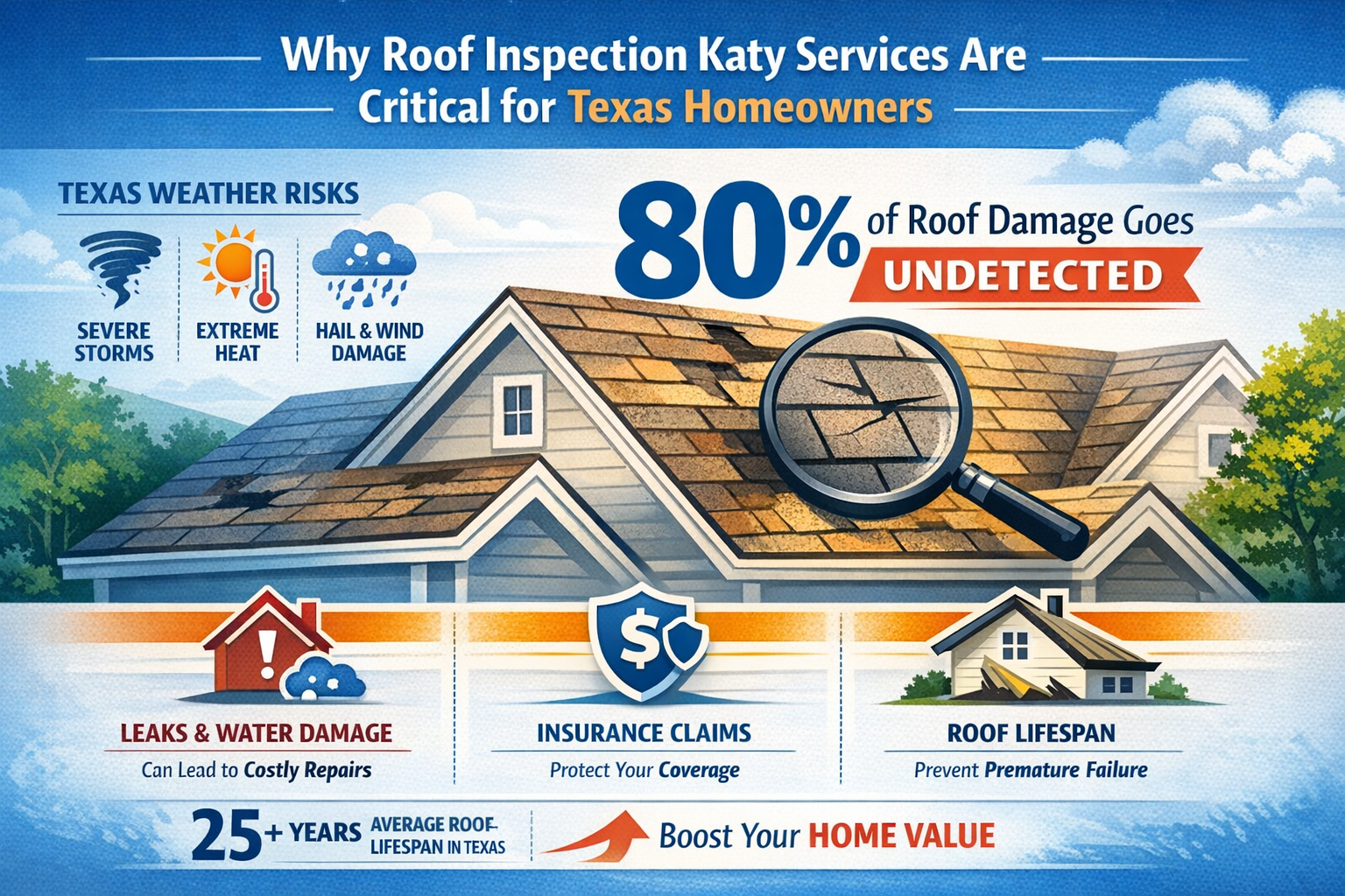 Professional landscape infographic (1536x1024) for article "Complete Guide to Professional Roof Inspection Katy: Your Home's First Line of D