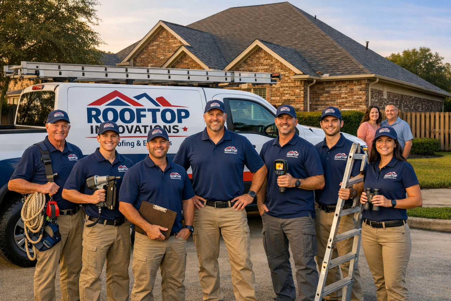 Professional team photo of Rooftop Innovations crew in matching uniforms standing in front of company truck in Katy Texas neighborhood. Back
