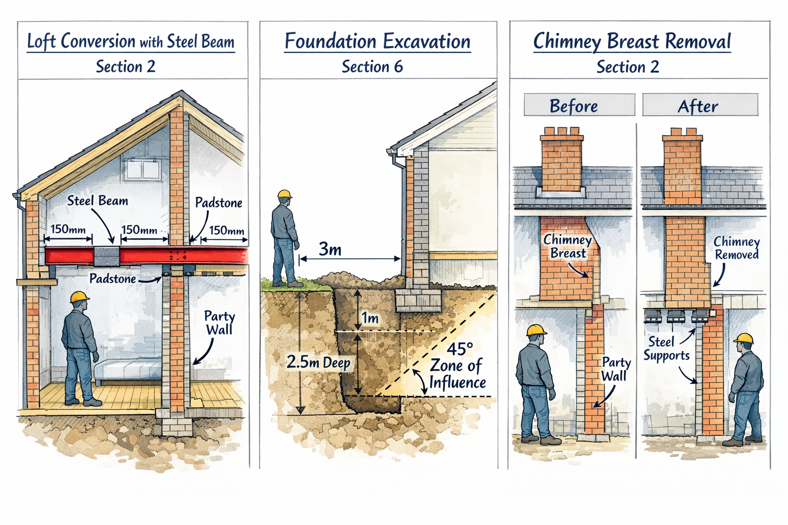 Detailed () technical illustration displaying three-panel comparison of notifiable party wall works, left panel showing loft