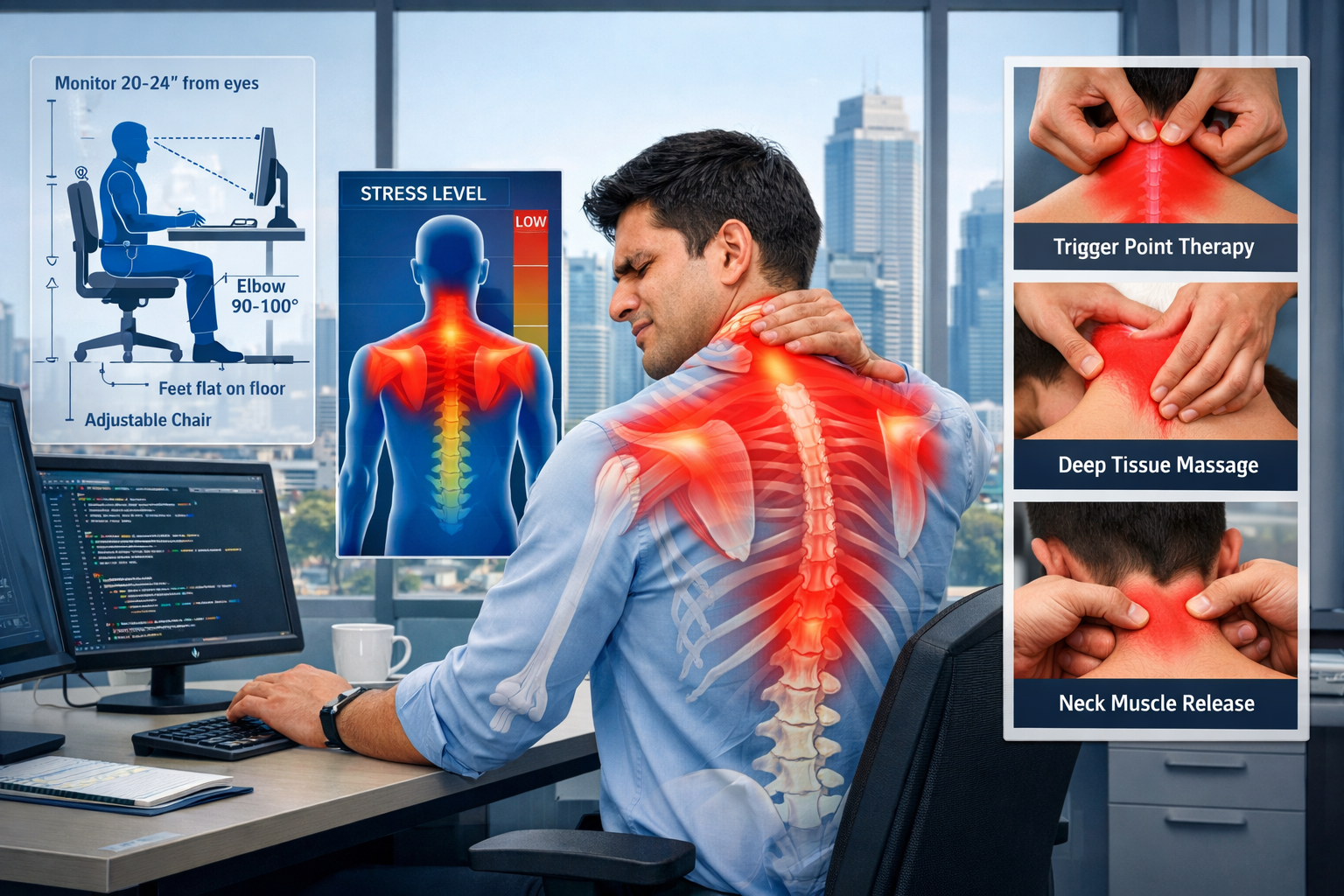 Professional landscape image (1536x1024) showing IT professional experiencing neck and shoulder pain at computer workstation, anatomical ove