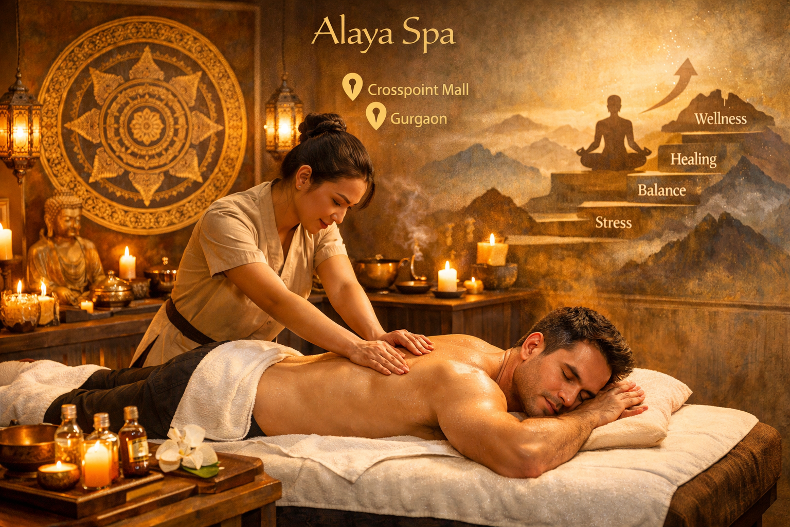 Serene landscape image (1536x1024) depicting luxurious spa treatment room at Alaya Spa with heated massage bed, organic oils, and Tibetan-in