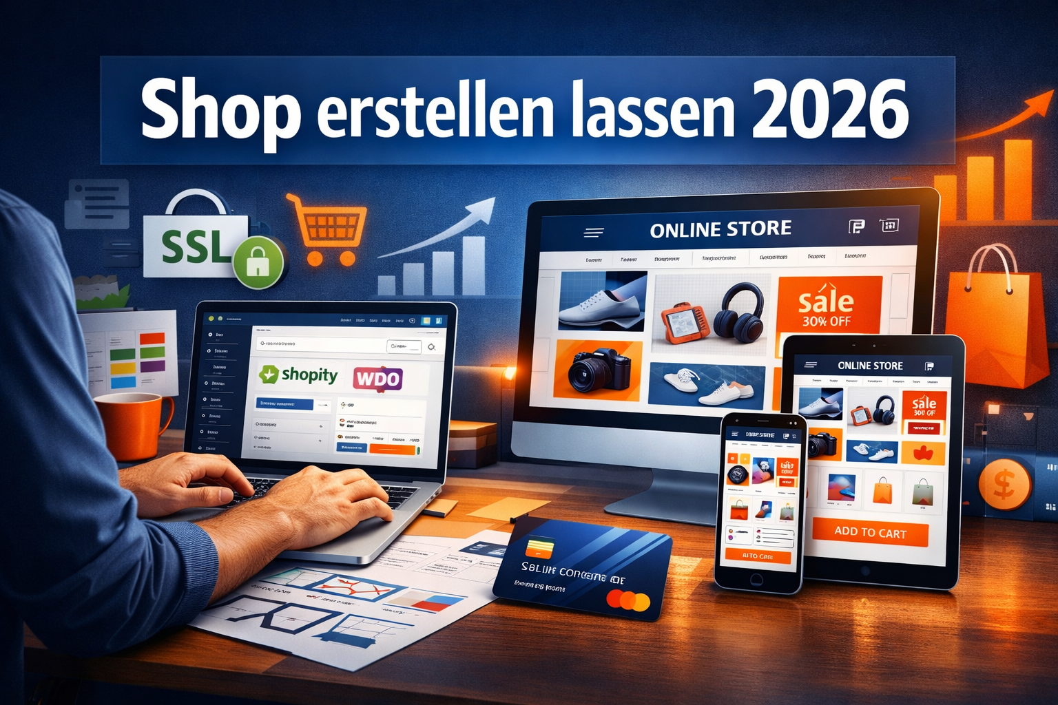 - Shop erstellen lassen 1 Professional landscape format (1536x1024) hero image featuring bold text overlay 'Shop erstellen lassen 2026' in extra large 72pt white sans
