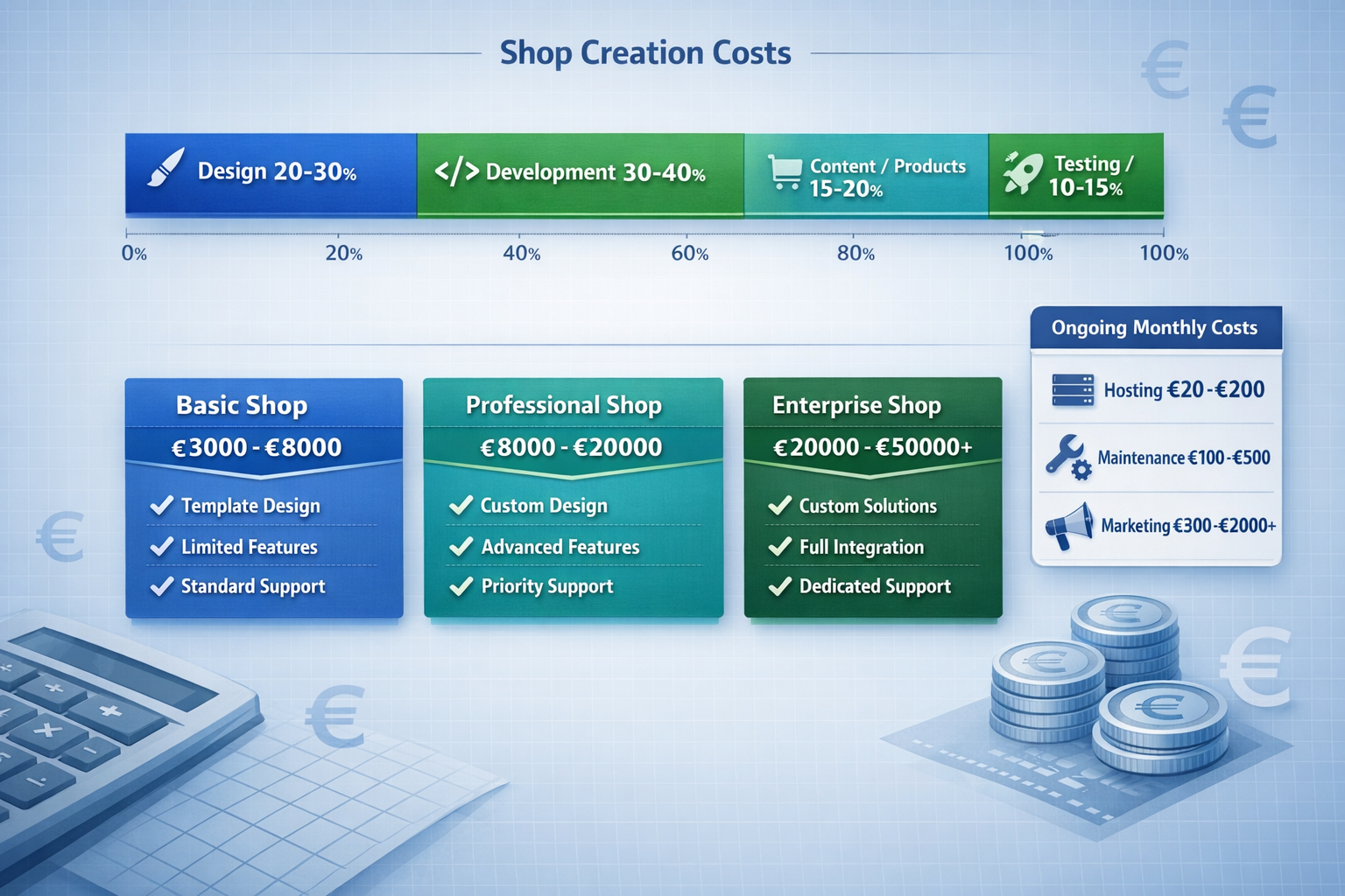- Shop erstellen lassen 3 Landscape format (1536x1024) detailed cost breakdown visualization showing itemized shop creation expenses. Main element: horizontal stacked