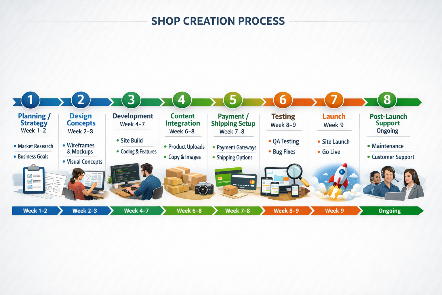 - Shop erstellen lassen 5 Landscape format (1536x1024) step-by-step timeline infographic showing shop creation process from start to finish. Horizontal timeline with