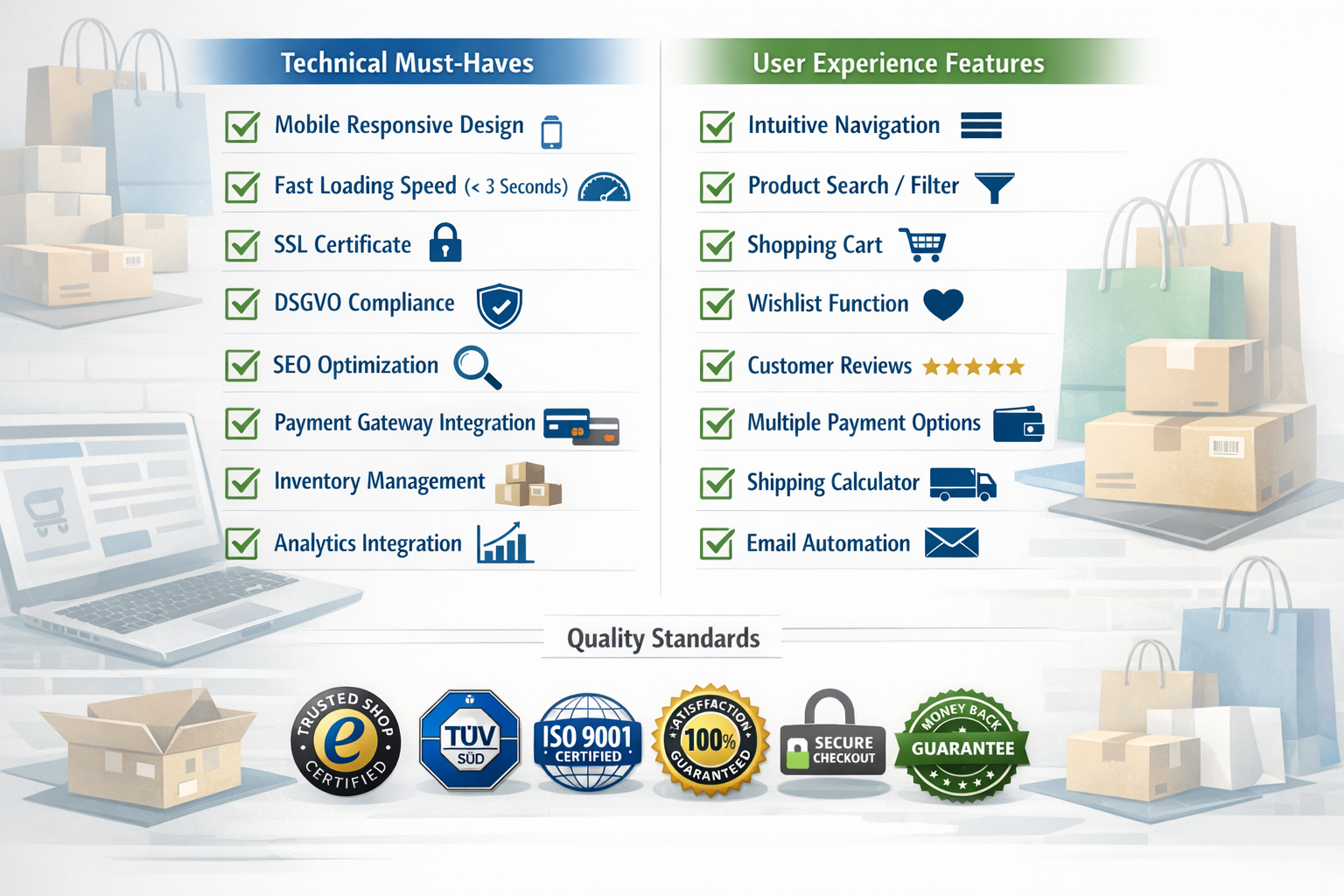 - Shop erstellen lassen 6 Landscape format (1536x1024) comprehensive checklist visualization showing essential shop features and quality criteria. Main layout: two-co
