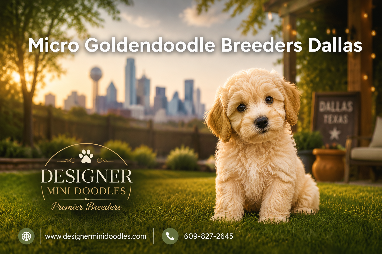 Professional () hero image with 'Micro Goldendoodle Breeders Dallas' in white modern with subtle drop , positioned