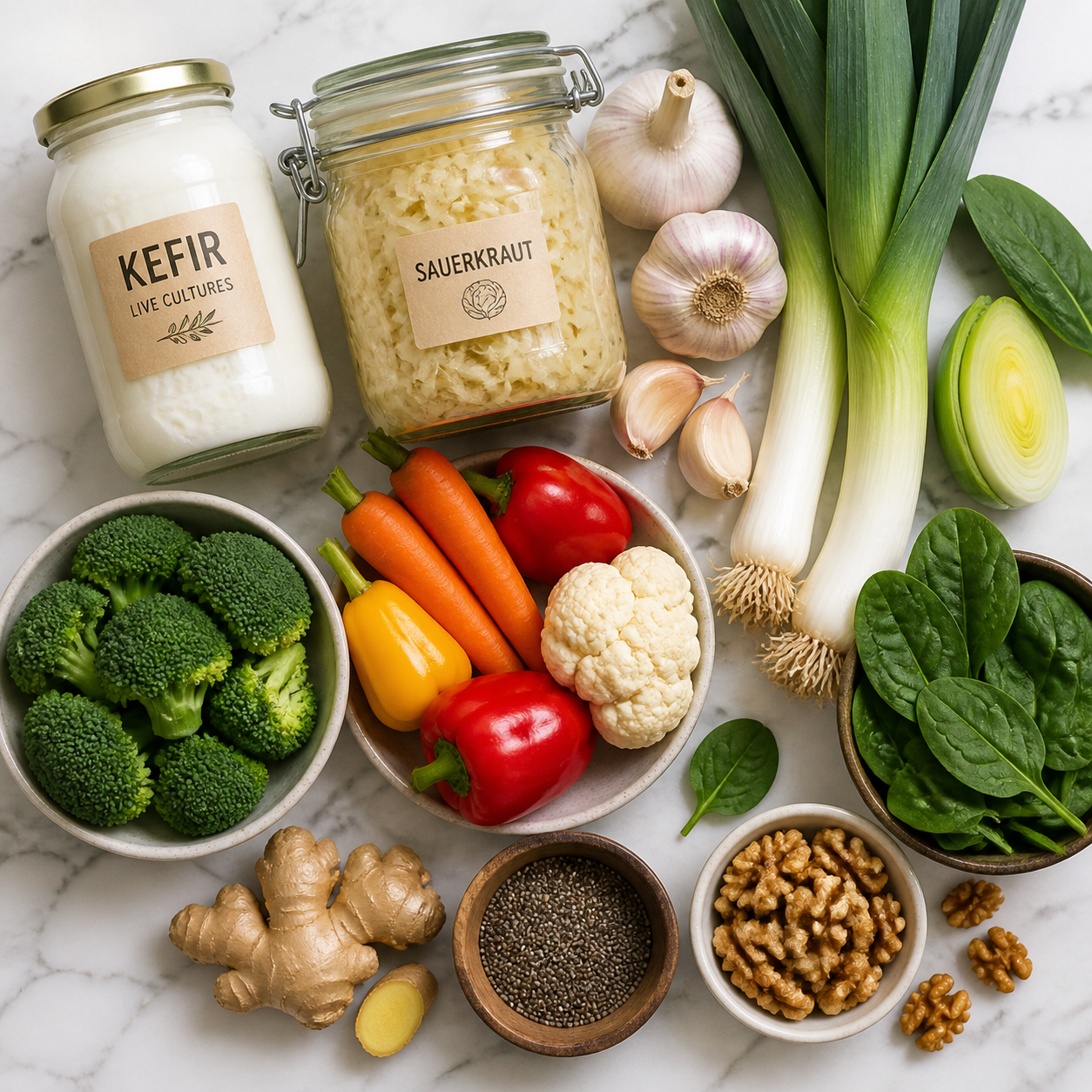 Detailed () flat-lay overhead shot of a diverse array of anti-inflammatory gut health foods arranged in organized groups on