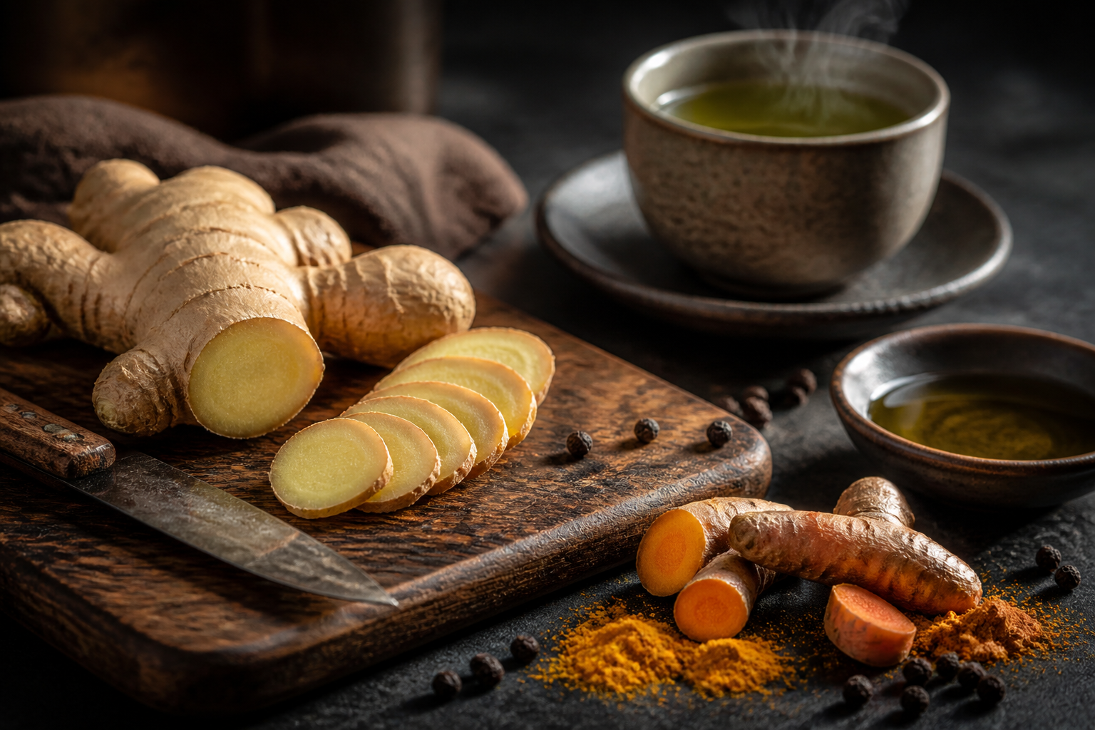 Detailed () close-up angled shot of a wooden cutting board with fresh ginger root being sliced, whole turmeric root with