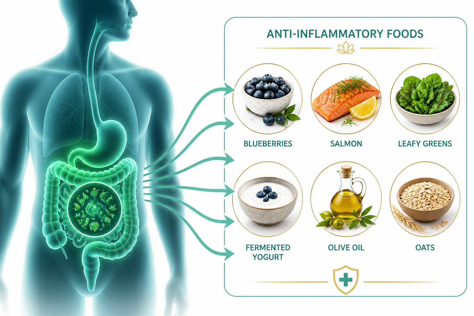 Detailed () split-composition infographic-style illustration showing a simplified human digestive tract silhouette on the