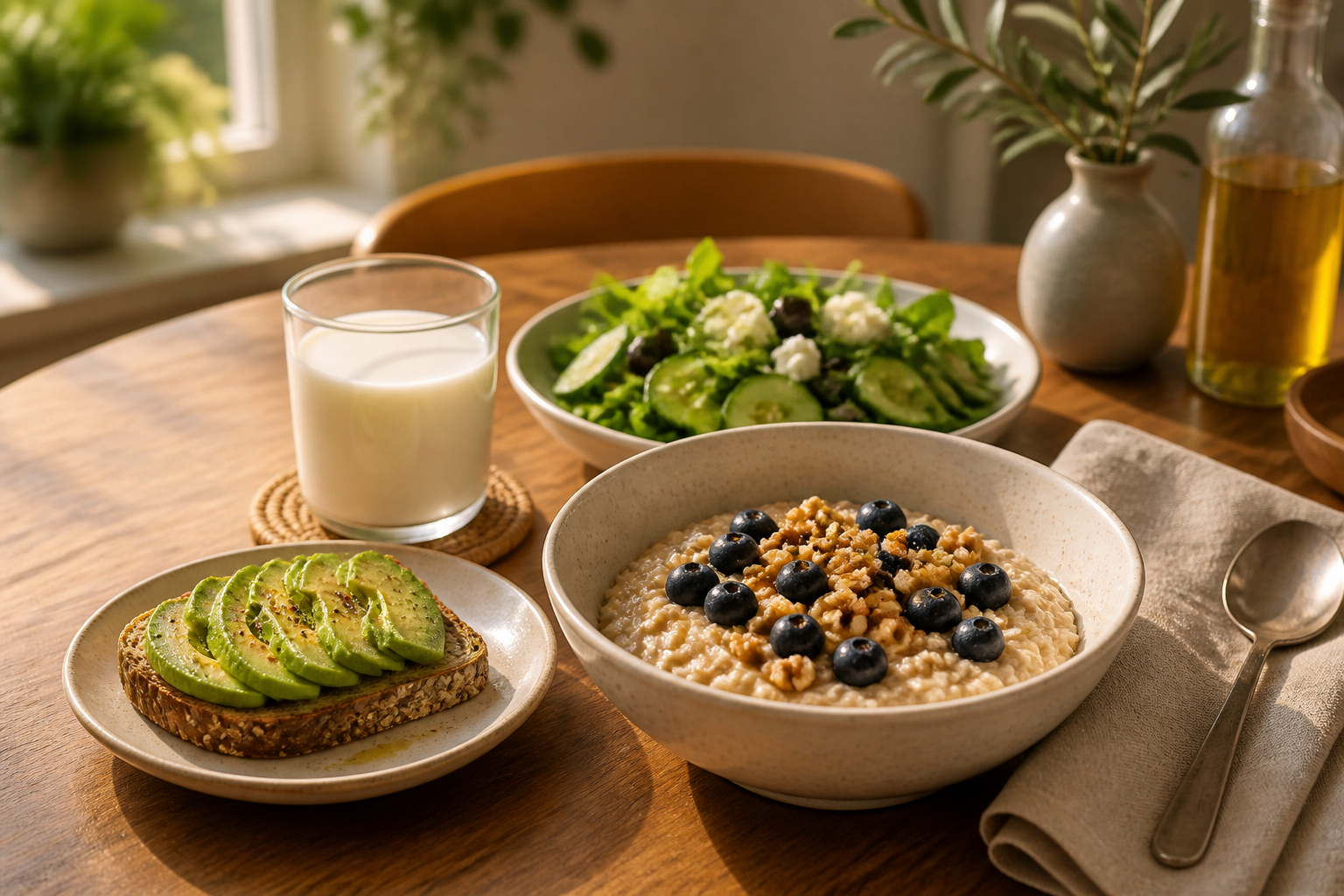 Detailed () wide-angle lifestyle shot of a neatly set breakfast table from a 45-degree angle featuring a Mediterranean-style