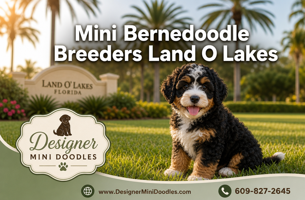 Professional () editorial hero image featuring 'Mini Bernedoodle Breeders Land O Lakes' in white with subtle dark ,
