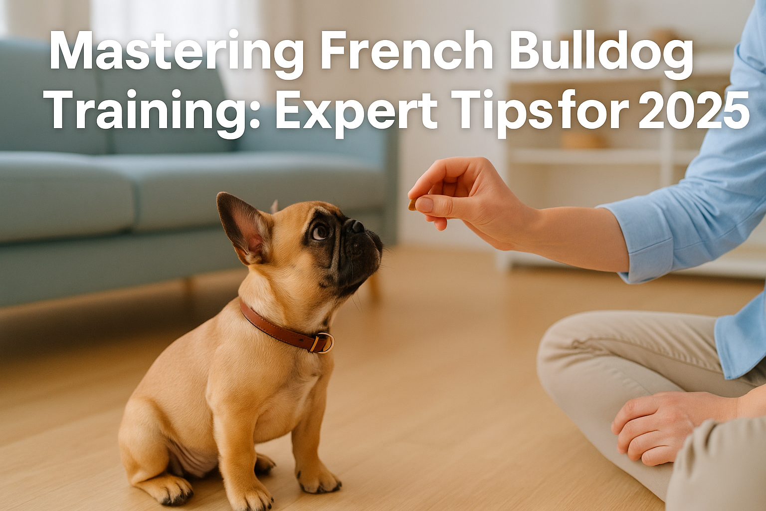 Professional landscape hero image (1536x1024) with bold text overlay: 'Mastering French Bulldog Training: Expert Tips for 2025', in extra la
