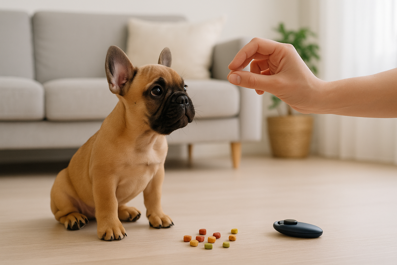 A beautifully composed landscape image (1536x1024) depicting a young French Bulldog puppy (approximately 3-4 months old) happily engaging in