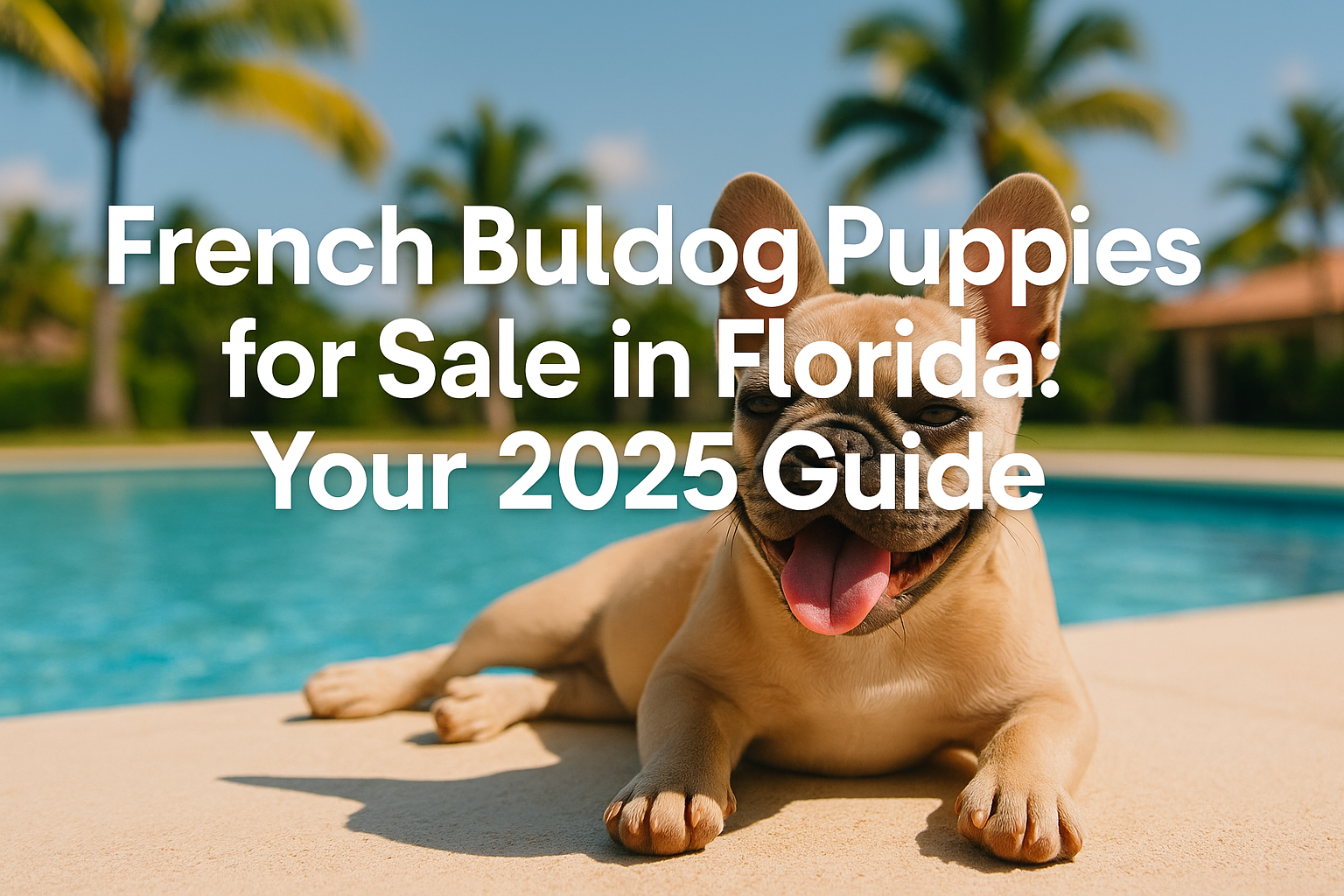 Professional landscape hero image (1536x1024) with bold text overlay: 'French Bulldog Puppies for Sale in Florida: Your 2025 Guide', modern 