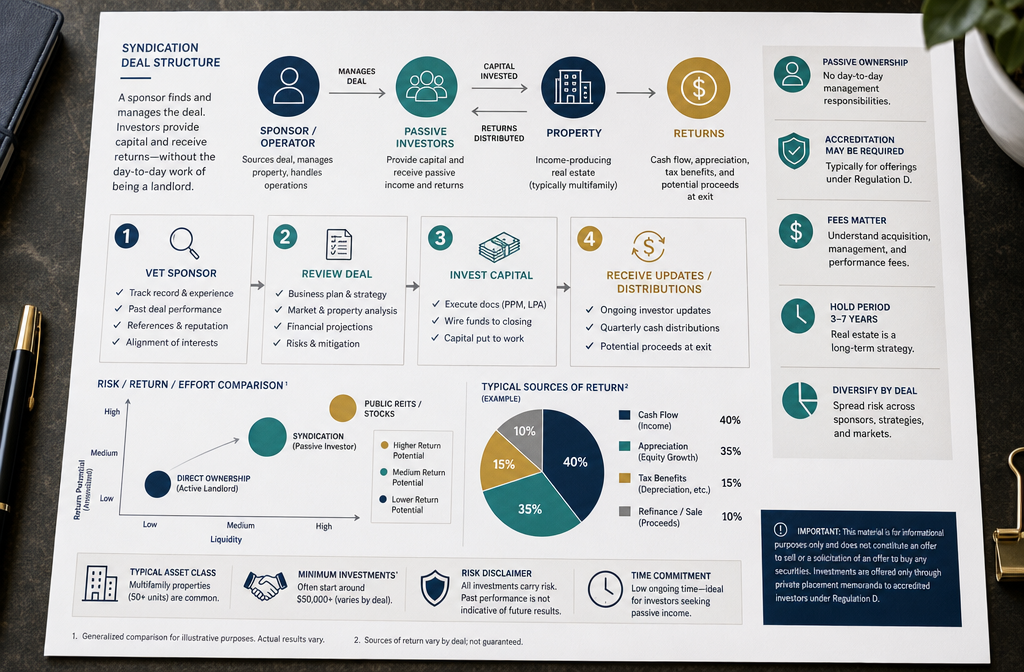 Professional infographic for article "Real Estate Syndication for Beginners: Get In Without Being a Landlord", section: "Key