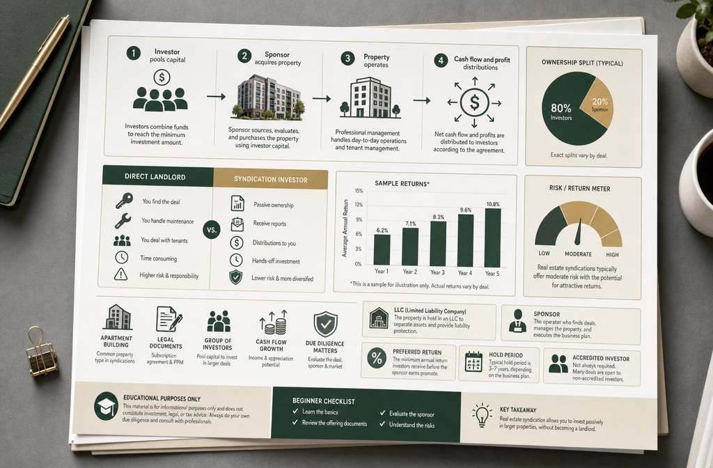 Professional infographic for article "Real Estate Syndication for Beginners: Get In Without Being a Landlord", section: