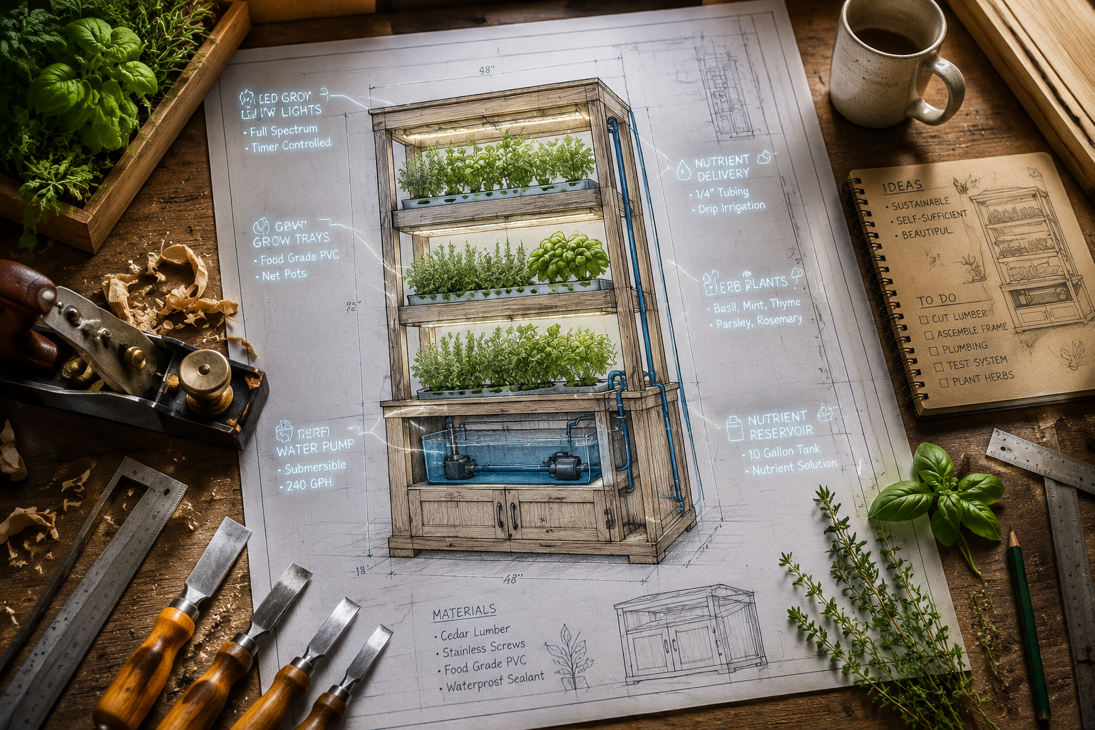 A detailed visual demonstrating the conceptual design and planning phase for Building a DIY Hydroponic Herb Garden with