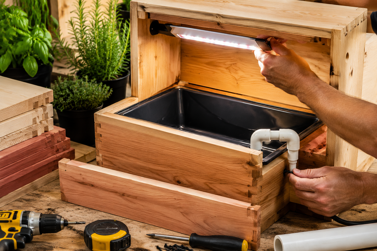A vibrant, close-up image showcasing the construction and assembly process for a custom wooden enclosure within the context