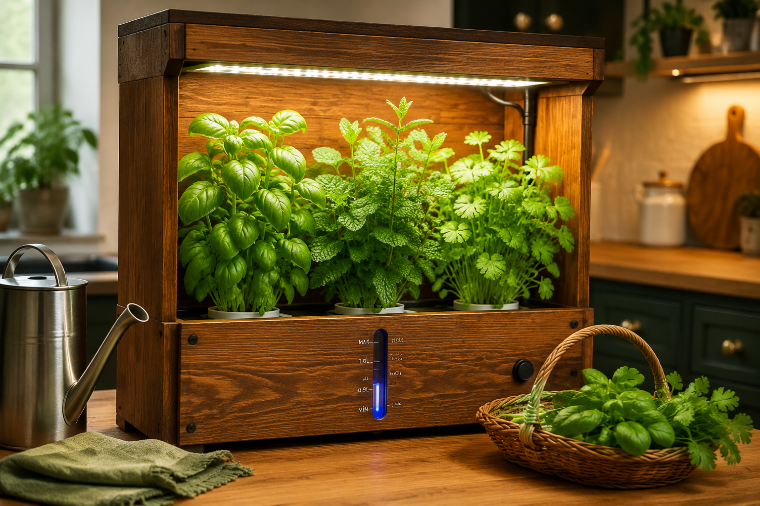 A beautifully composed image of a thriving, fully functional DIY Hydroponic Herb Garden housed within a custom wooden
