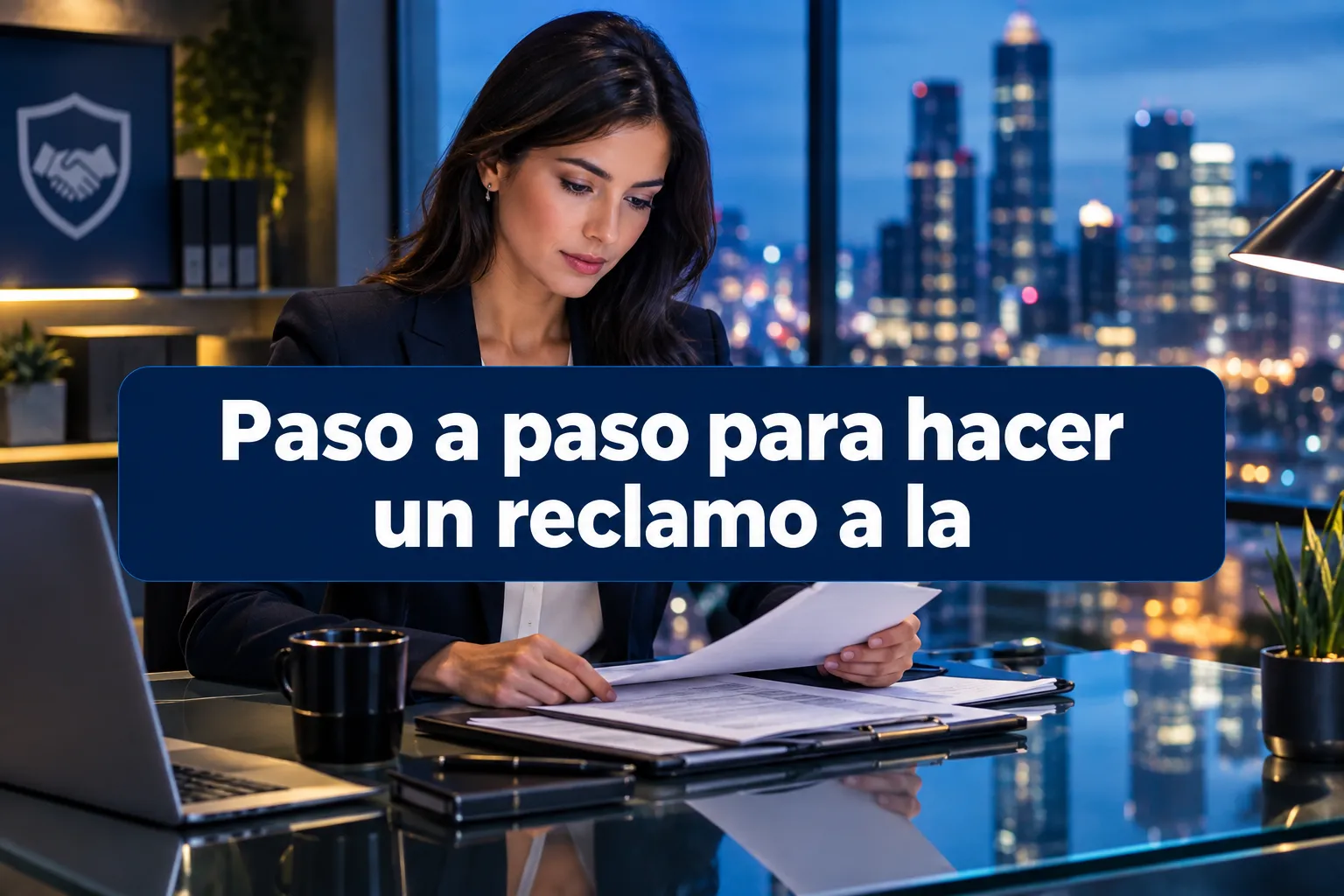 Click to regenerate this image Professional () hero image with SHORT : 'Paso a paso para hacer un reclamo a la', on a dark navy high-contrast panel,
