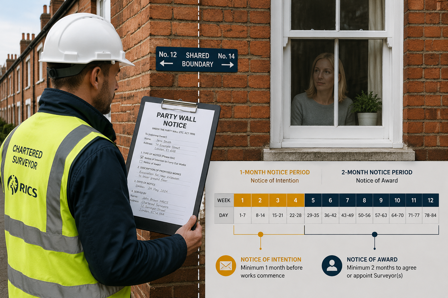 Wide-angle () editorial illustration showing a formal Party Wall Notice document on a clipboard held by a surveyor standing
