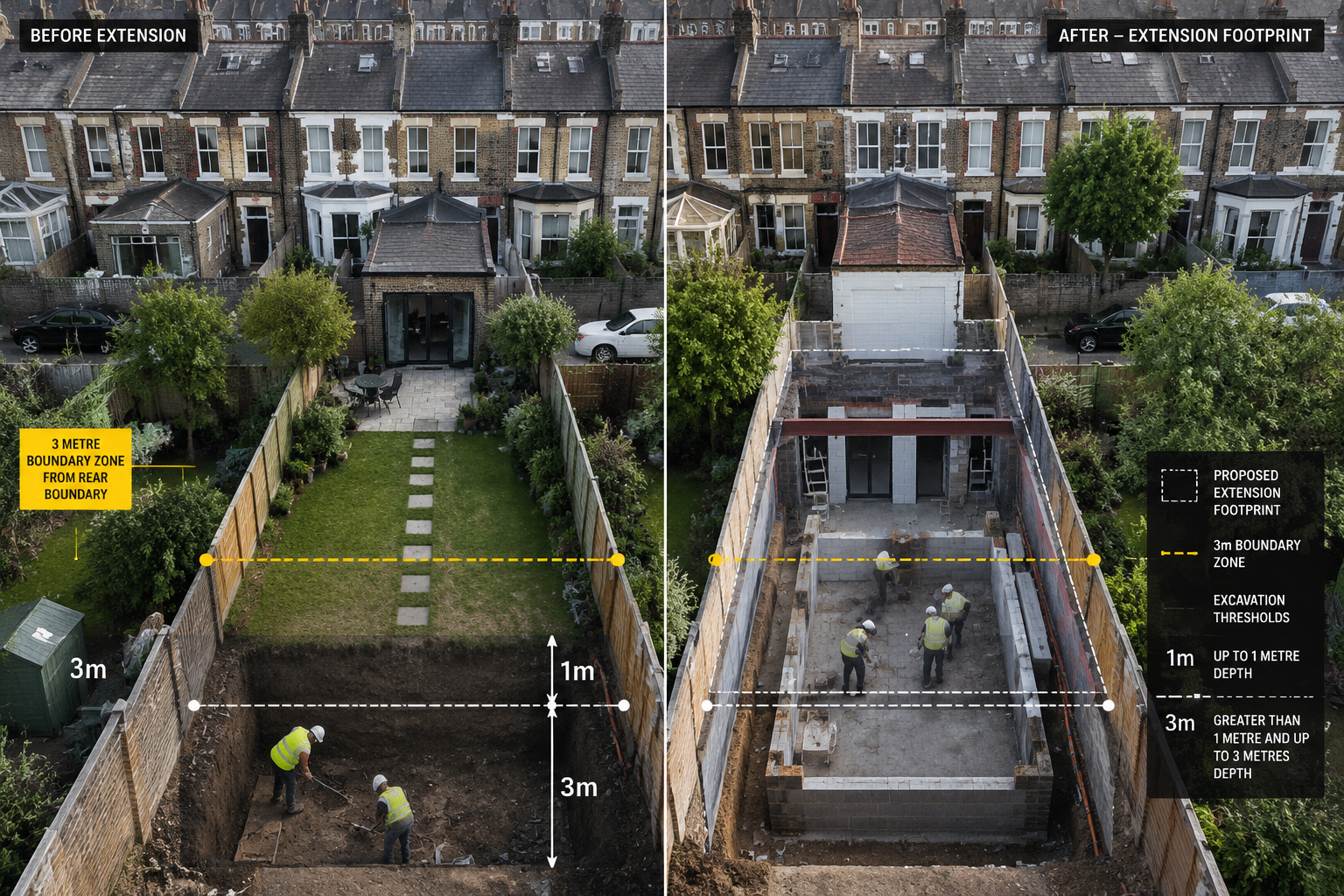 Aerial bird's-eye view () of a narrow urban terraced house rear garden with a single-storey rear extension being built,