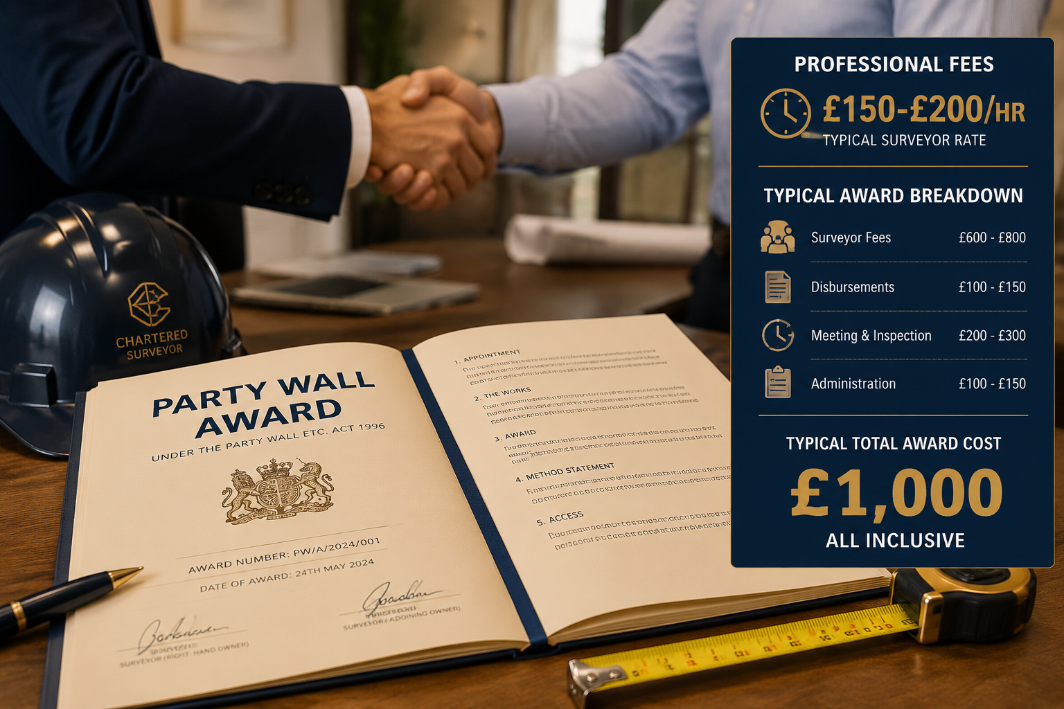 Close-up () of a Party Wall Award legal document spread open on a wooden desk beside a hard hat and surveyor's measuring