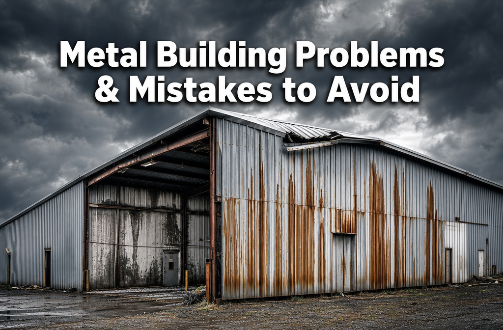 Professional () hero image with : 'Metal Building Problems & Mistakes to Avoid' in extra large white with dark drop ,
