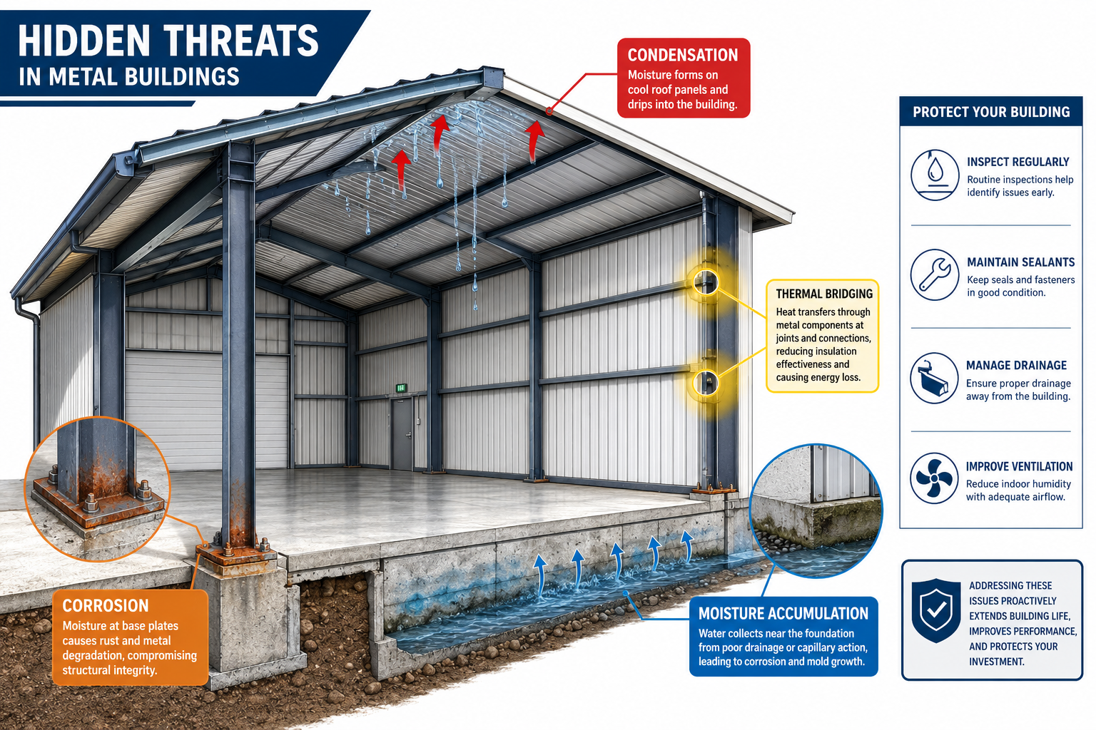 Detailed () editorial infographic illustration showing a cross-section cutaway of a metal building interior with labeled