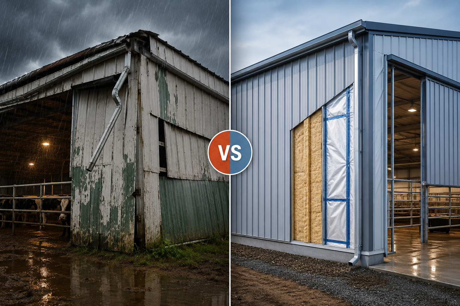 Detailed () showing a side-by-side comparison scene: left half depicts a poorly maintained metal agricultural building with