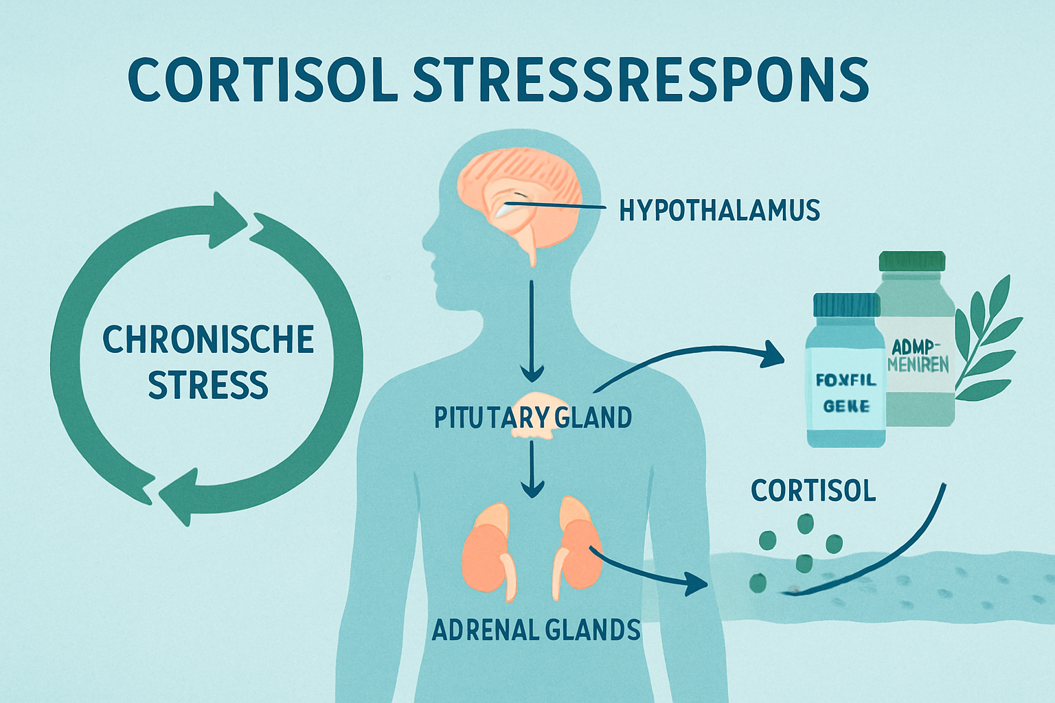 Scientific visualization of cortisol stress response cycle in landscape format showing HPA axis pathway with labeled Dutch text: hypothalamu