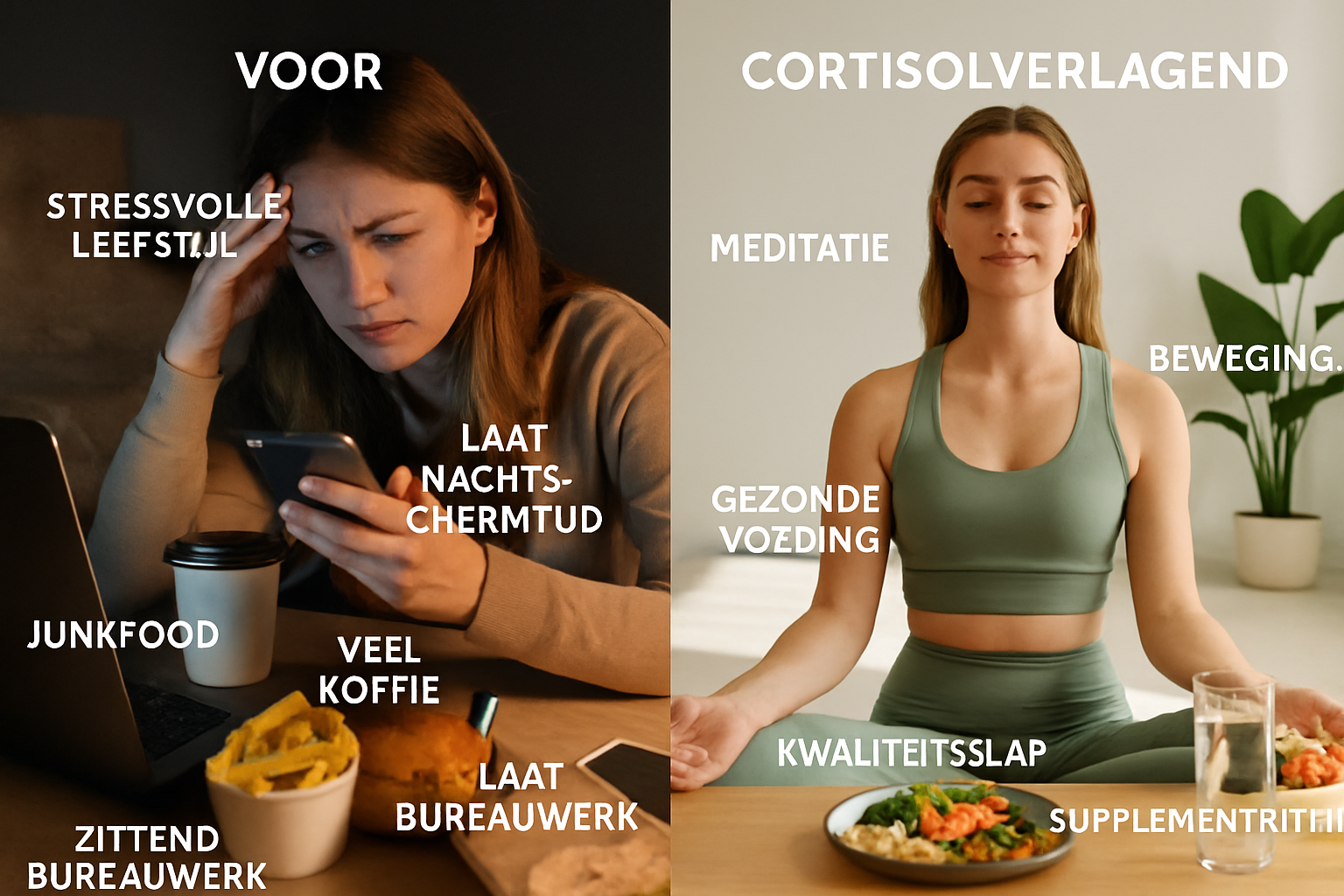 Lifestyle transformation split-screen comparison showing 'before and after' cortisol management: left side depicts stressed lifestyle with j