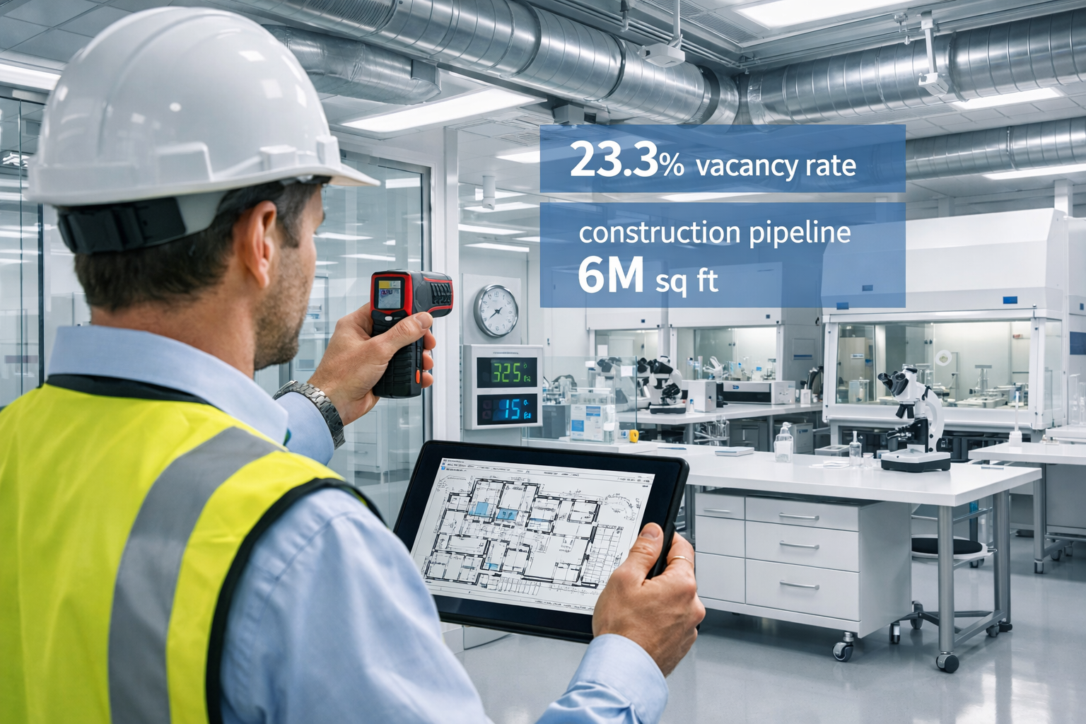 Detailed landscape format (1536x1024) image showing professional chartered surveyor in hard hat conducting specialized building survey insid