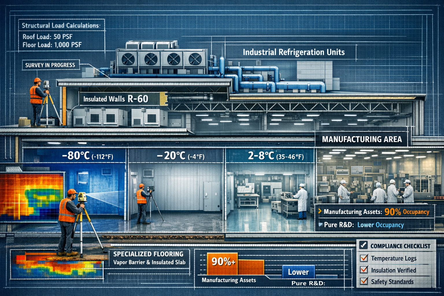Detailed landscape format (1536x1024) infographic-style image depicting cold storage and manufacturing facility cross-section with technical