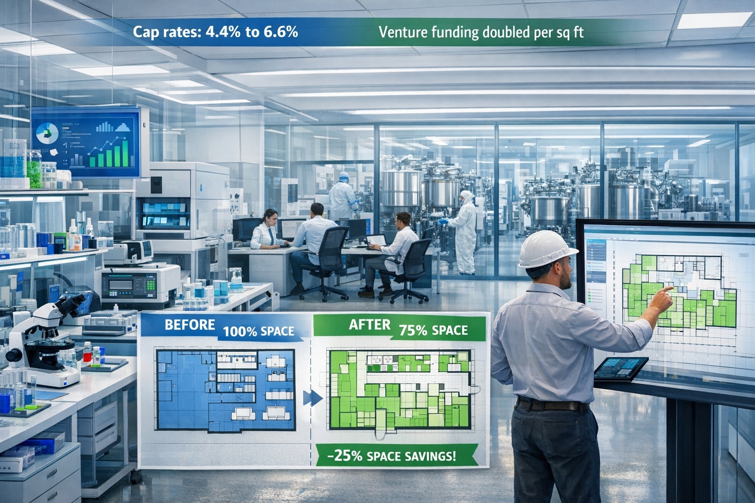 Detailed landscape format (1536x1024) image showing modern AI-enabled biotech startup office and lab space with efficient layout design. For