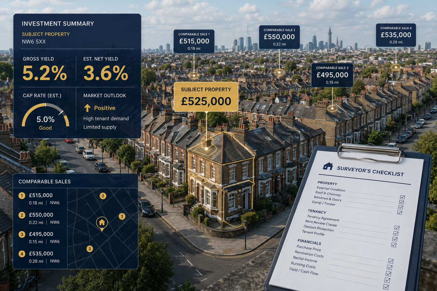 Wide-angle aerial perspective of a UK residential street with Victorian terraced houses, overlaid with floating digital data