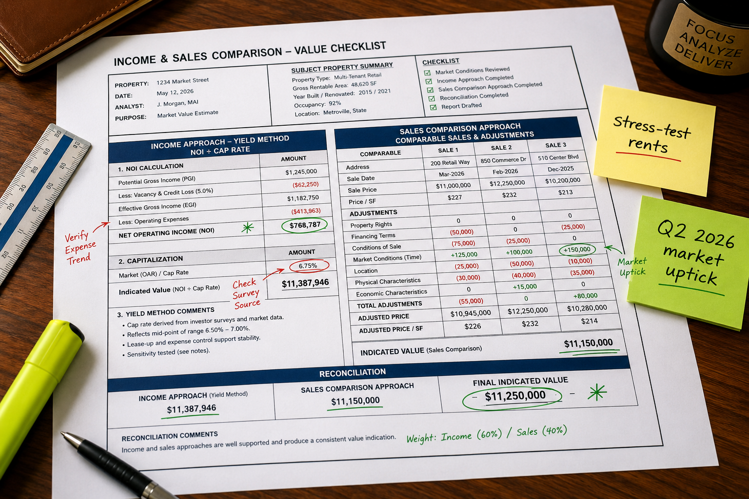Close-up flat-lay photograph of a professional surveyor's structured checklist on a wooden desk: printed tables comparing