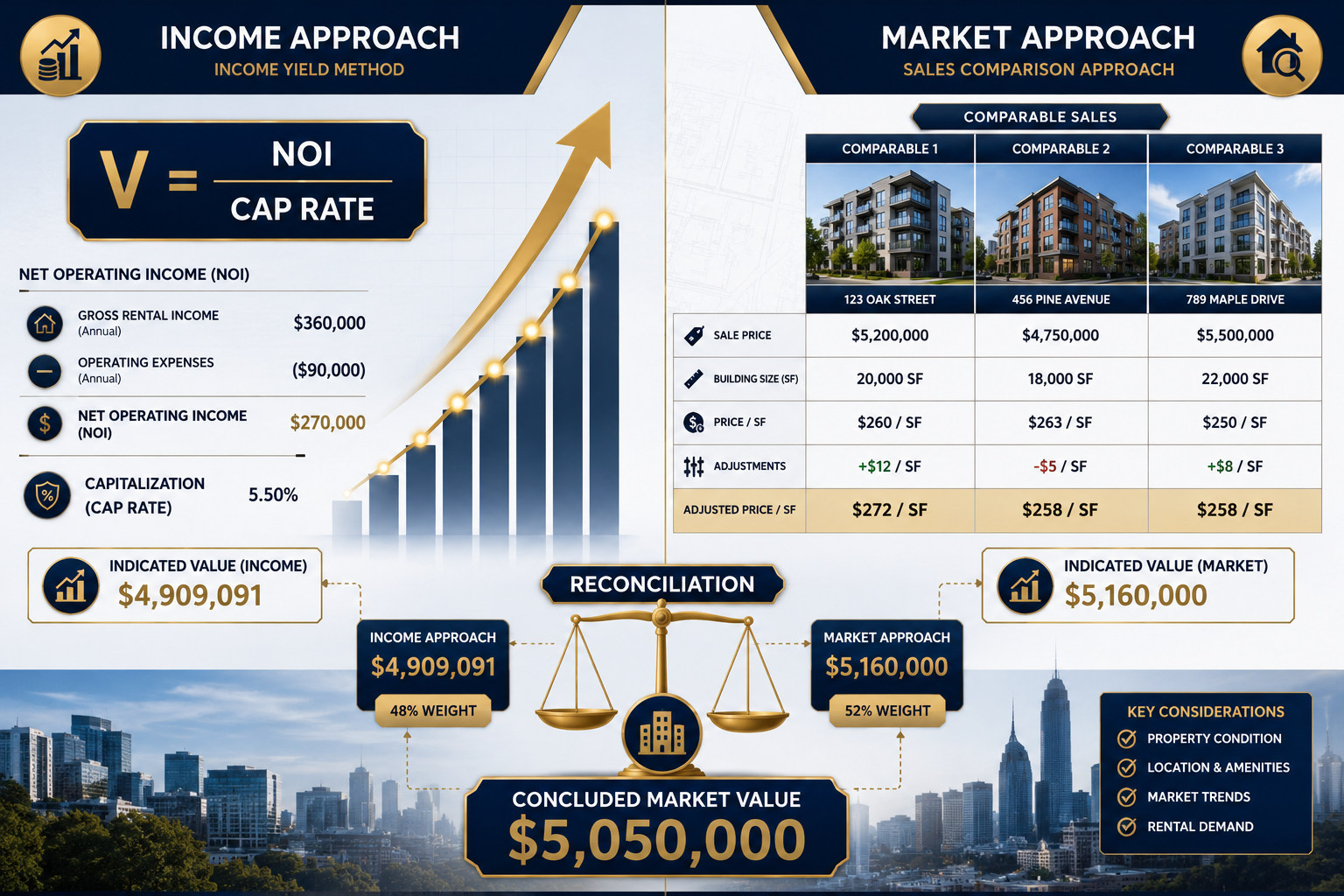Dynamic split-screen infographic illustration showing two residential investment valuation pathways: left panel displays
