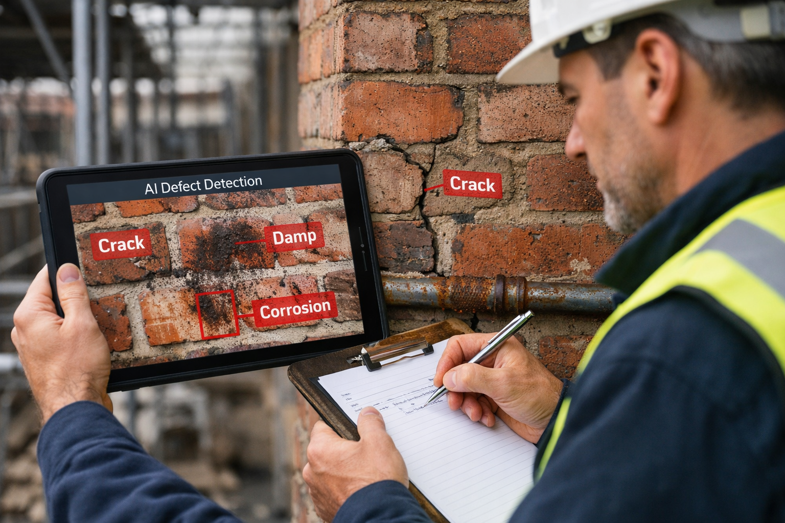 () realistic photograph of building surveyor conducting on-site inspection with AI-assisted tablet device, showing screen