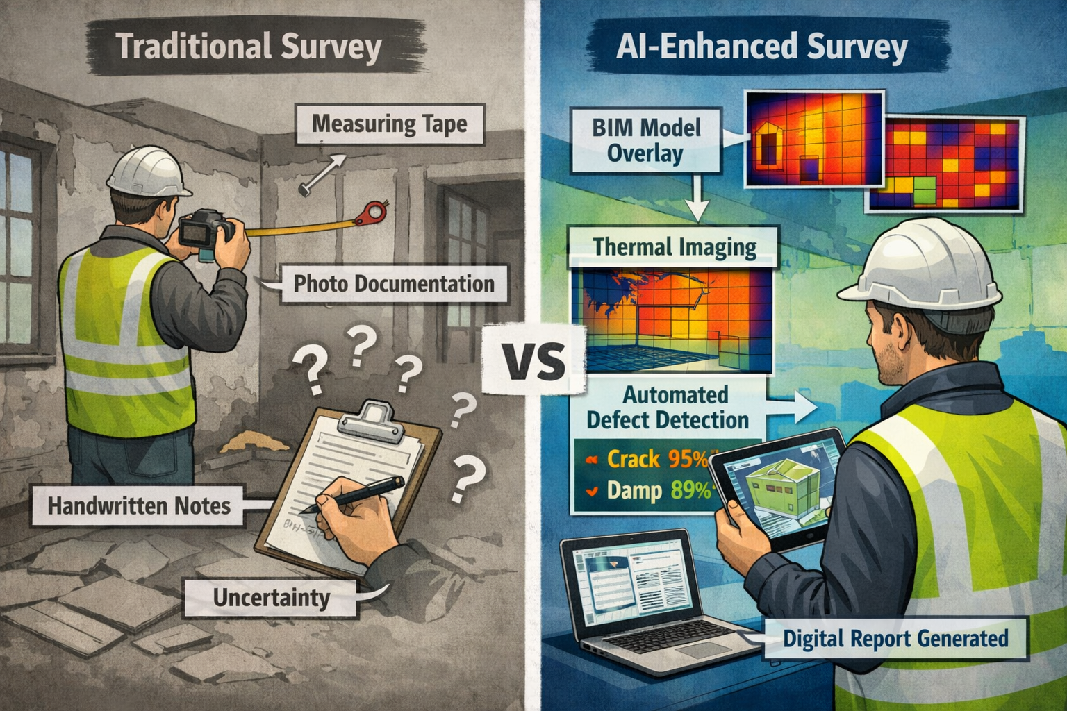 () conceptual split-screen comparison illustration: left side shows traditional manual building survey process with surveyor