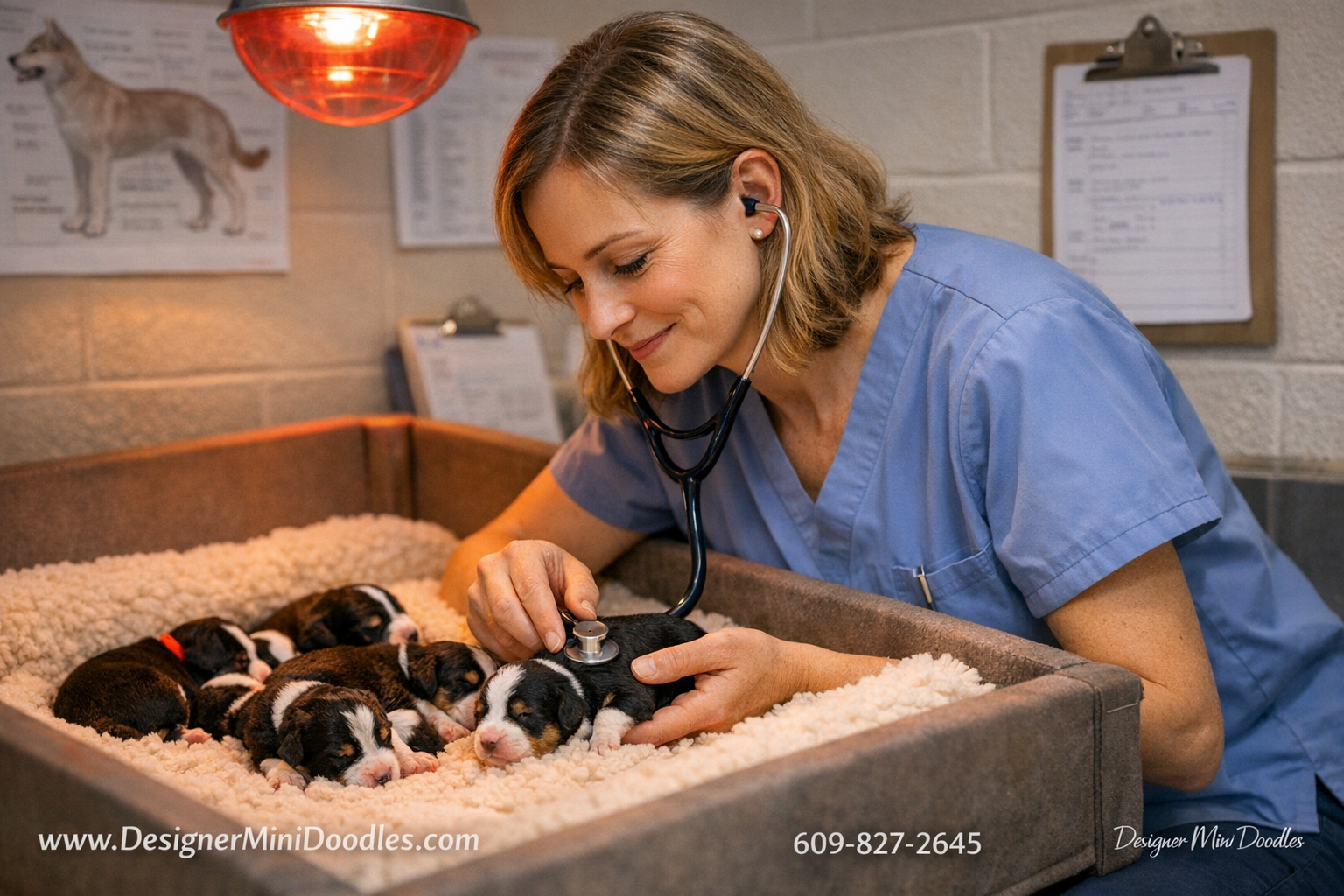 () professional photograph of a veterinarian or animal biologist in a clean modern whelping room examining a litter of