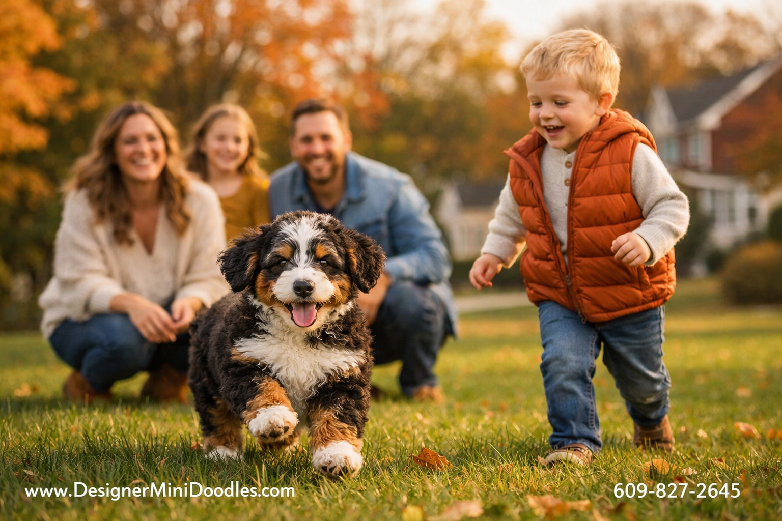 () warm lifestyle photograph of a happy family with two children playing with a fluffy miniature bernedoodle puppy in a New