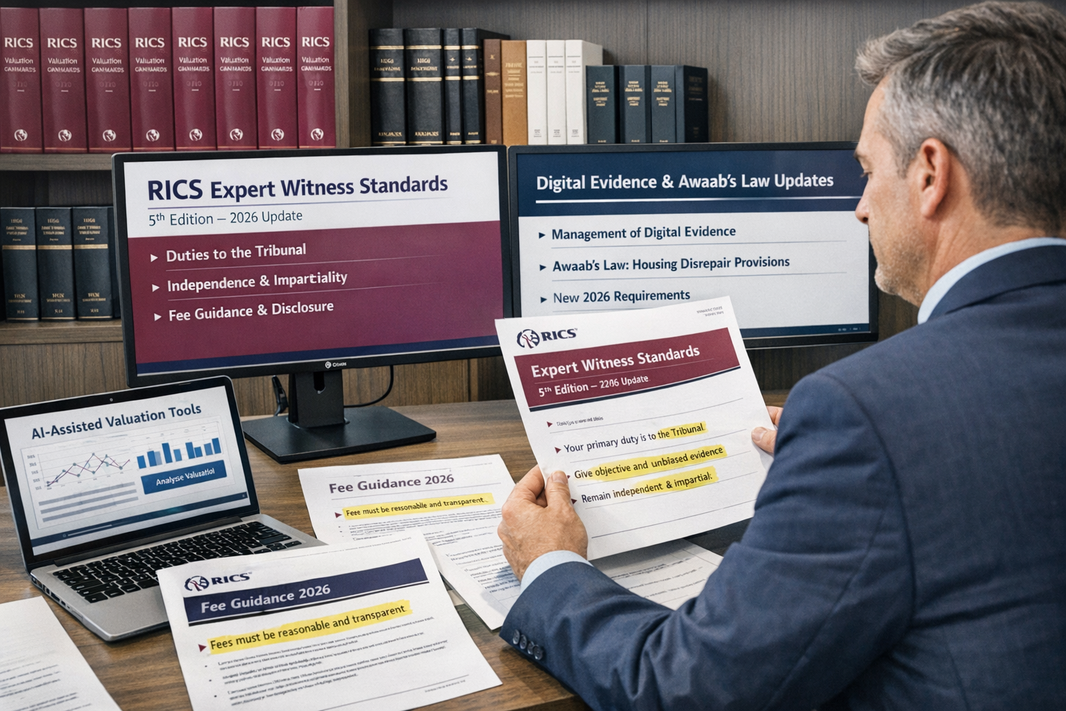 Detailed landscape format (1536x1024) editorial image showing professional chartered surveyor in business attire reviewing RICS expert witne