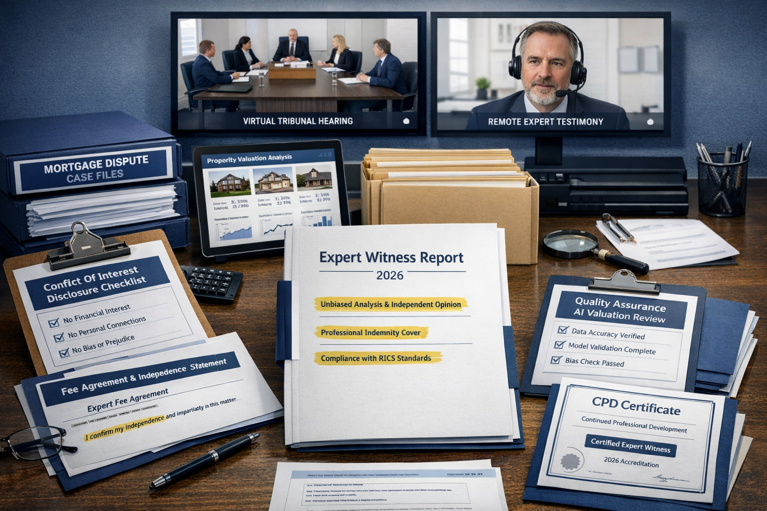 Detailed landscape format (1536x1024) professional image showing expert witness preparation workspace for mortgage dispute tribunal. Central
