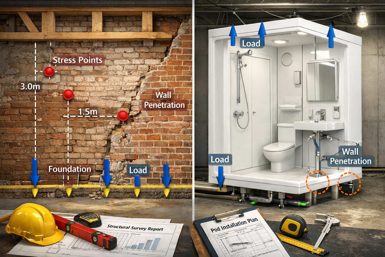 Detailed () image showing split-screen composition: left side displays traditional party wall with exposed brick and