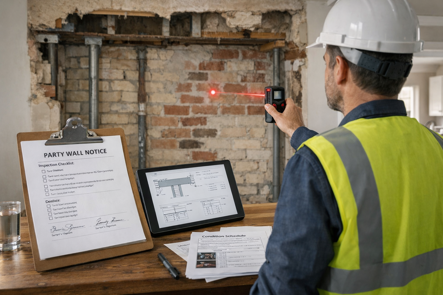 Wide-angle () photograph of professional party wall surveyor conducting pre-installation inspection in residential property,