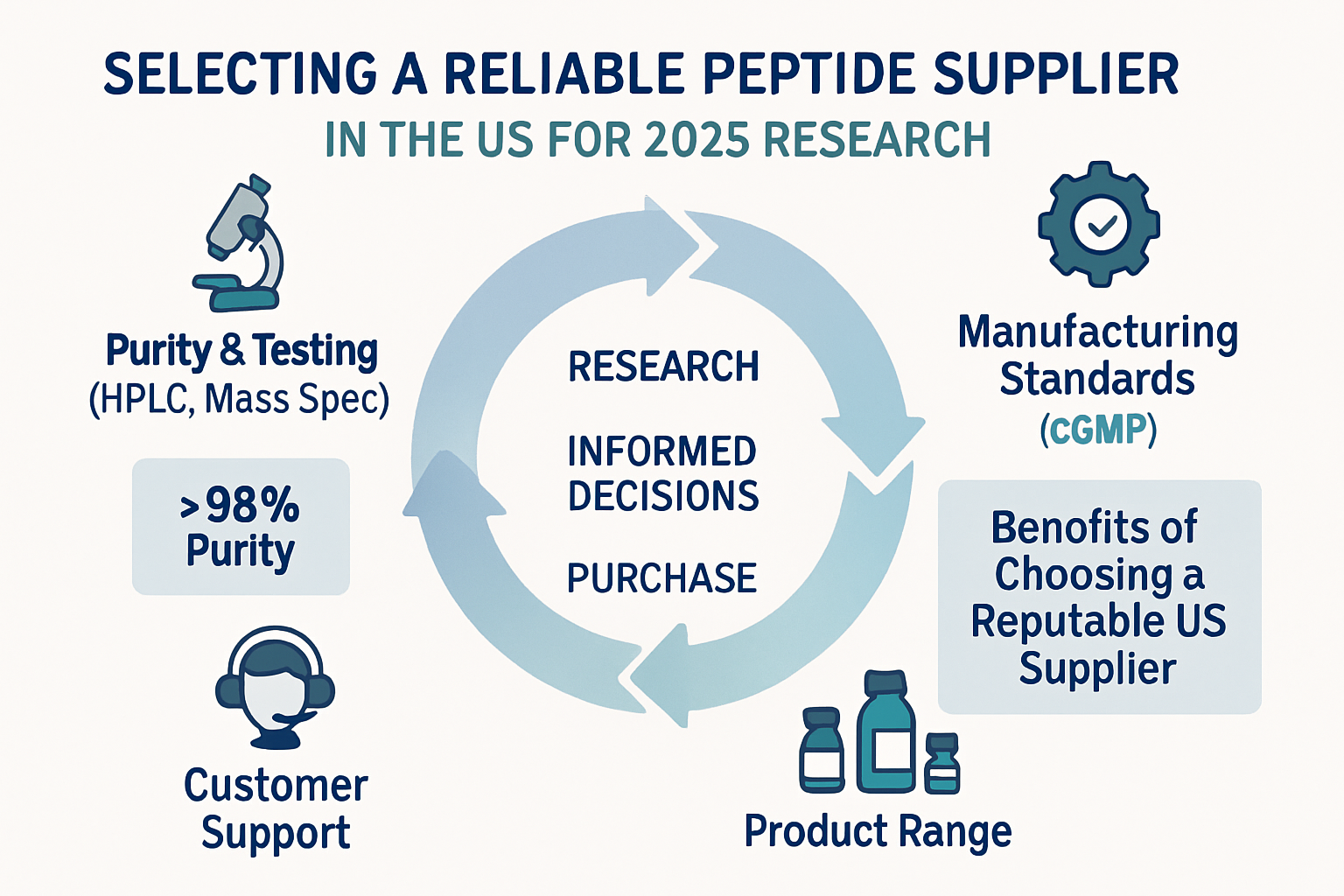 A clean, modern infographic (1536x1024) illustrating the key criteria for selecting a reliable peptide supplier in the US for 2025 research.
